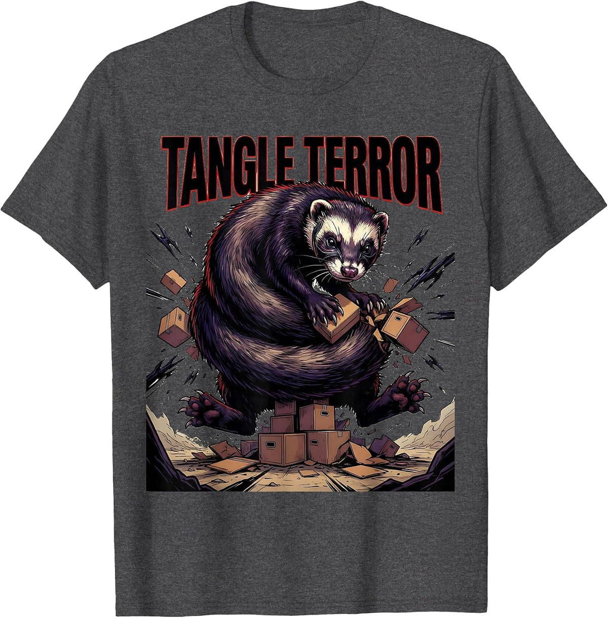 Tangle Terror Cartoon Ferret Lover Gift Ferret Owner Humor T-Shirt - Dark Heather Grey