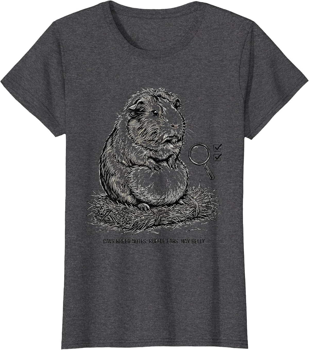 Women's Cavy Breed Notes: Ruffle Ears, Hay Belly Funny T-Shirt - Dark Heather Grey