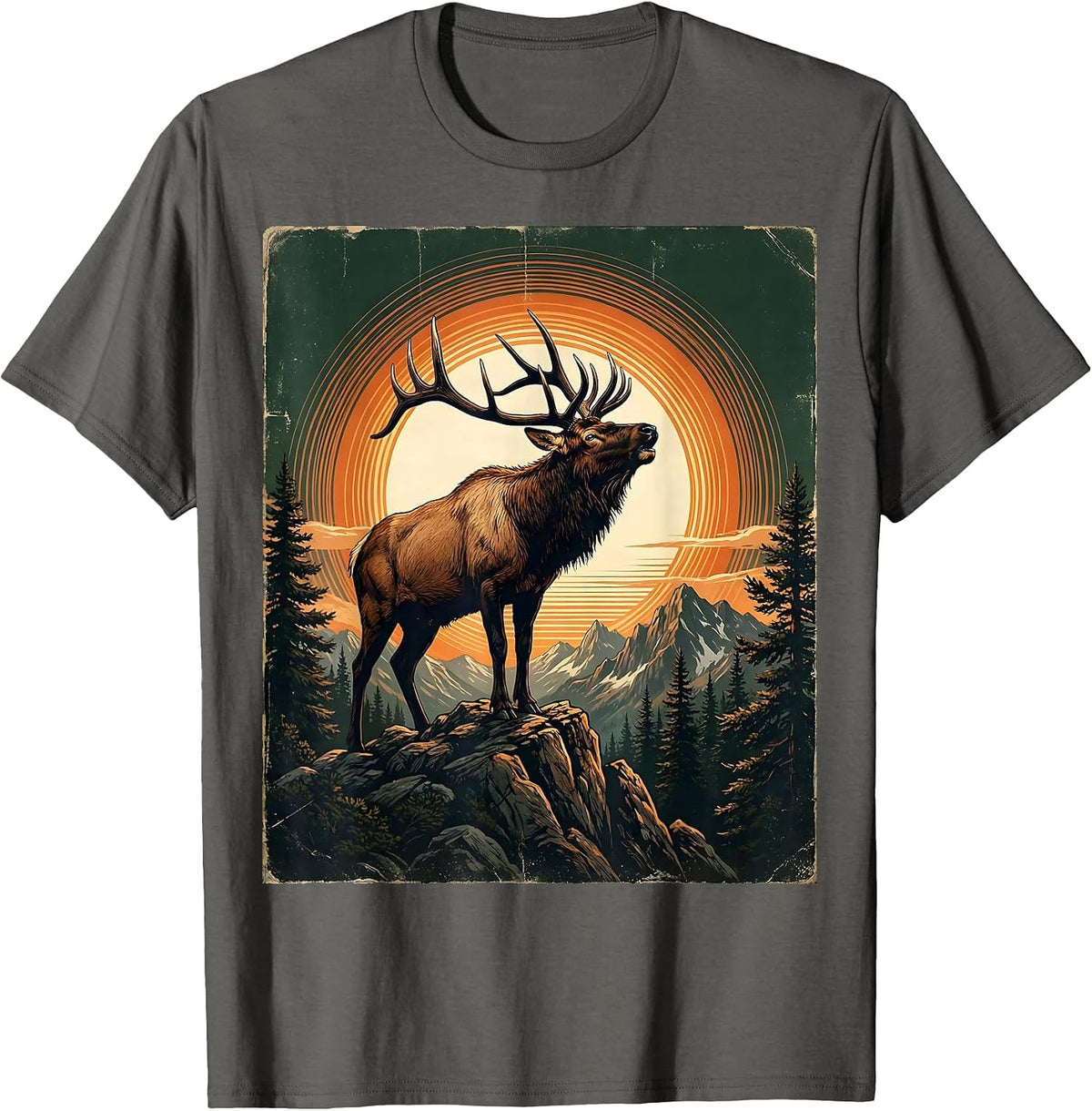 Men's Elk Bugling at Mountain Peak Sunrise T-Shirt - Asphalt Grey