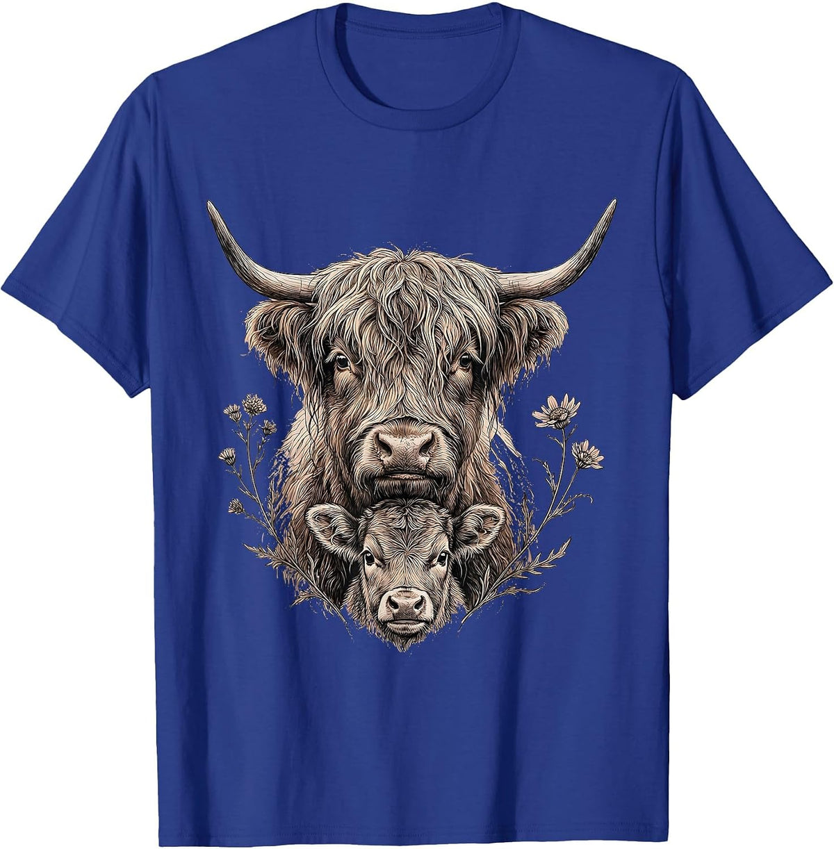Baby Highland Cow Hiding Behind Mother Graphic T-Shirt - Royal Blue