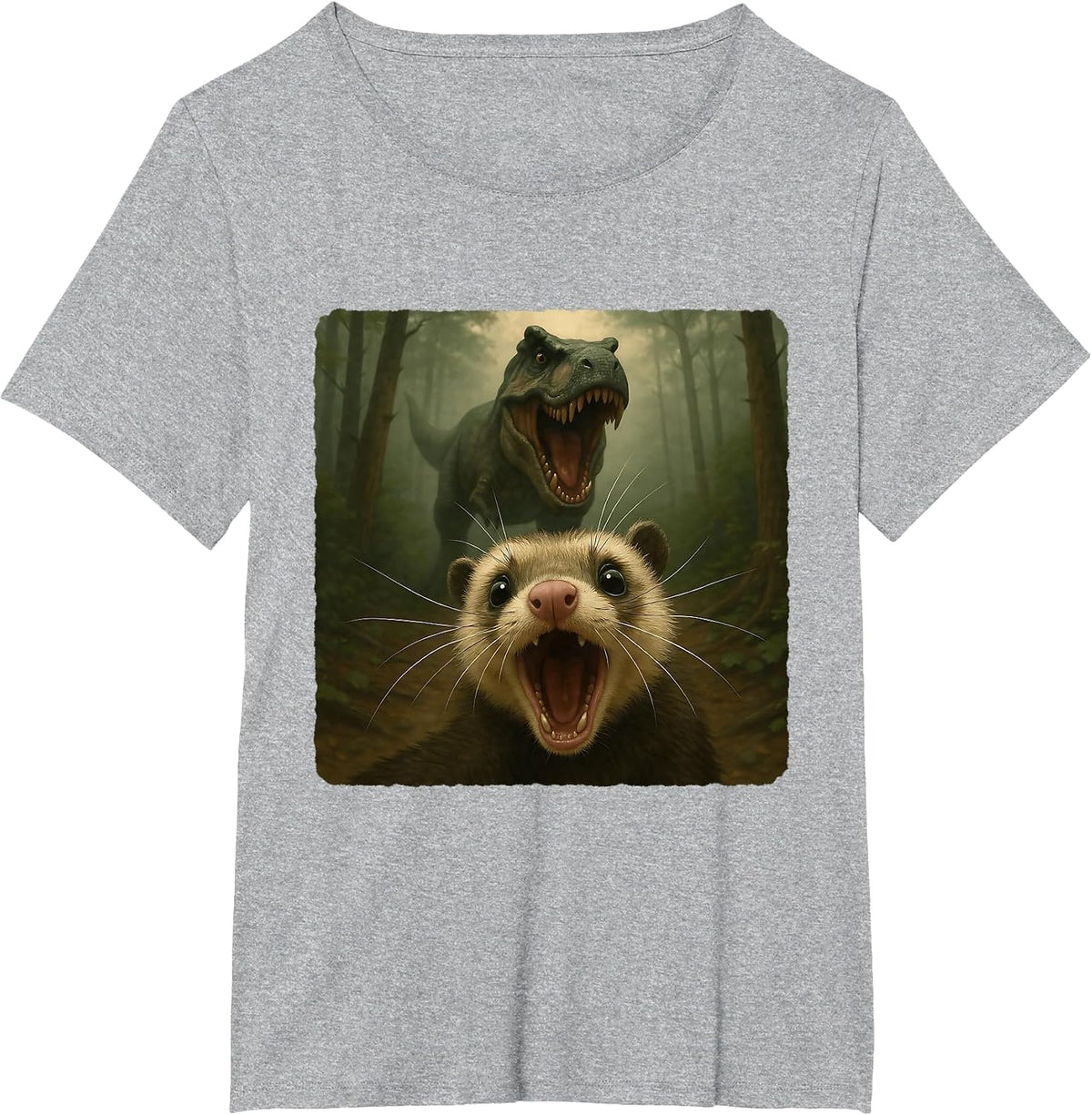 Ferret Selfie T-Rex Dinosaur Chase Funny Humor T-Shirt - Heather Grey