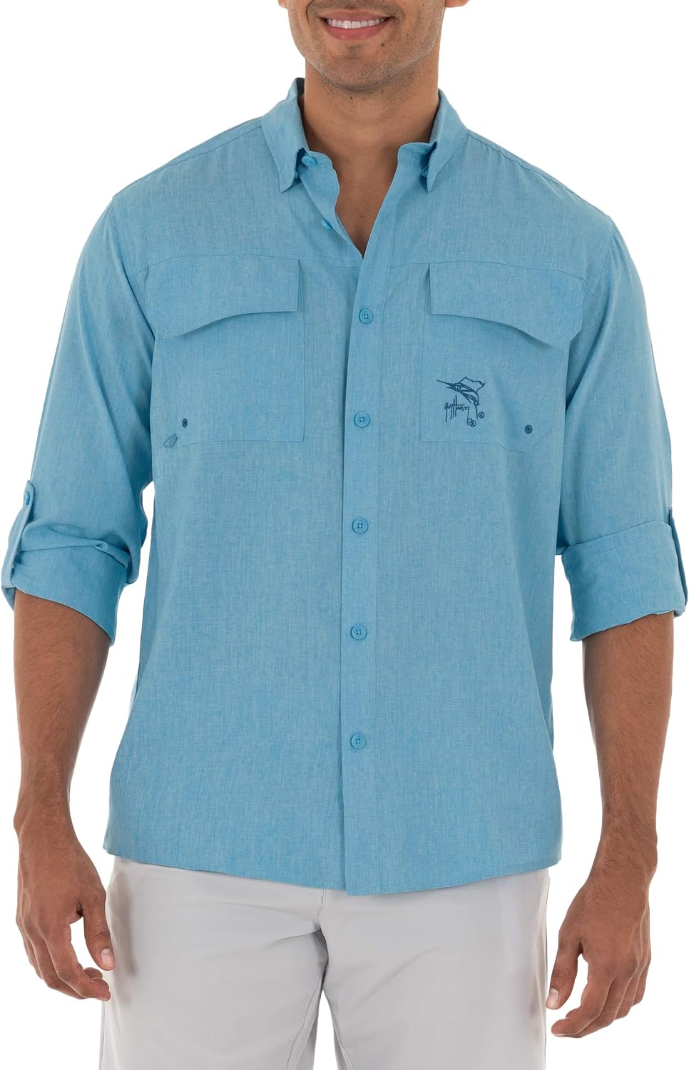 Guy Harvey Men's Long Sleeve Harbor Heather Performance Fishing Shirt - Bonnie Blue