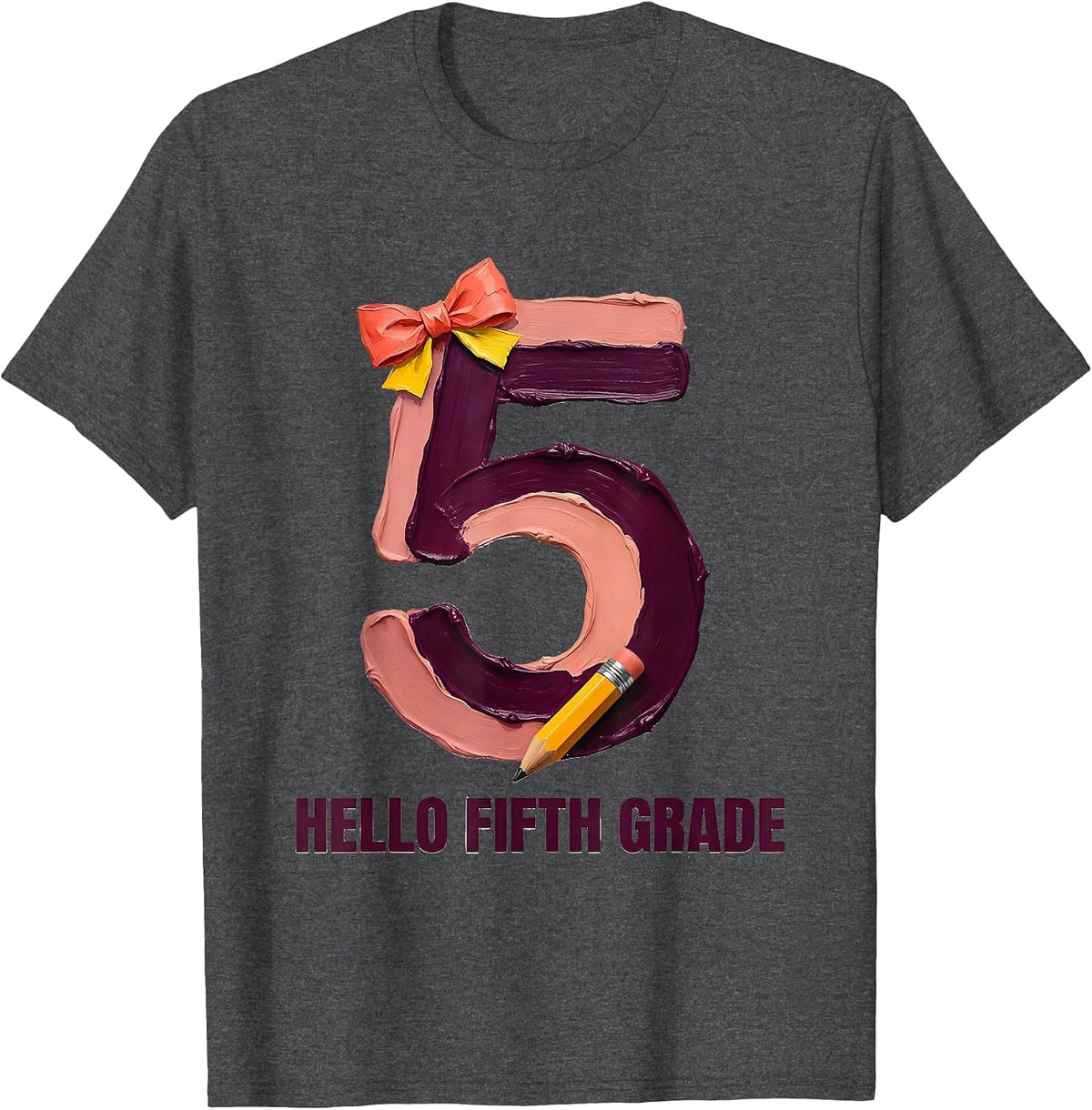 Hello Fifth Grade Cute Coquette Back to School Pencil Bow T-Shirt - Dark Heather Grey