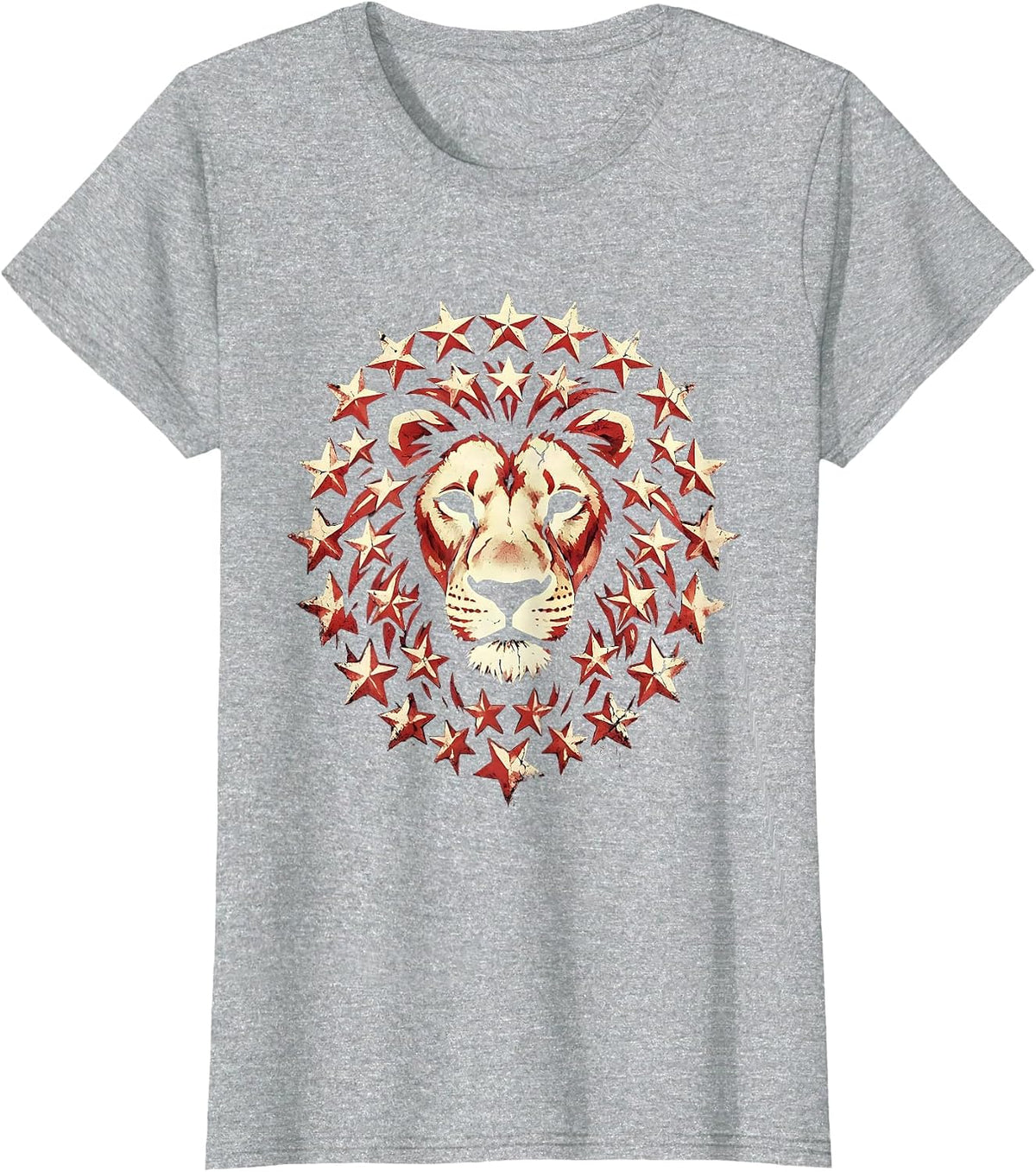 Red White and Blue Star-Spangled Lion Design T-Shirt - Heather Grey