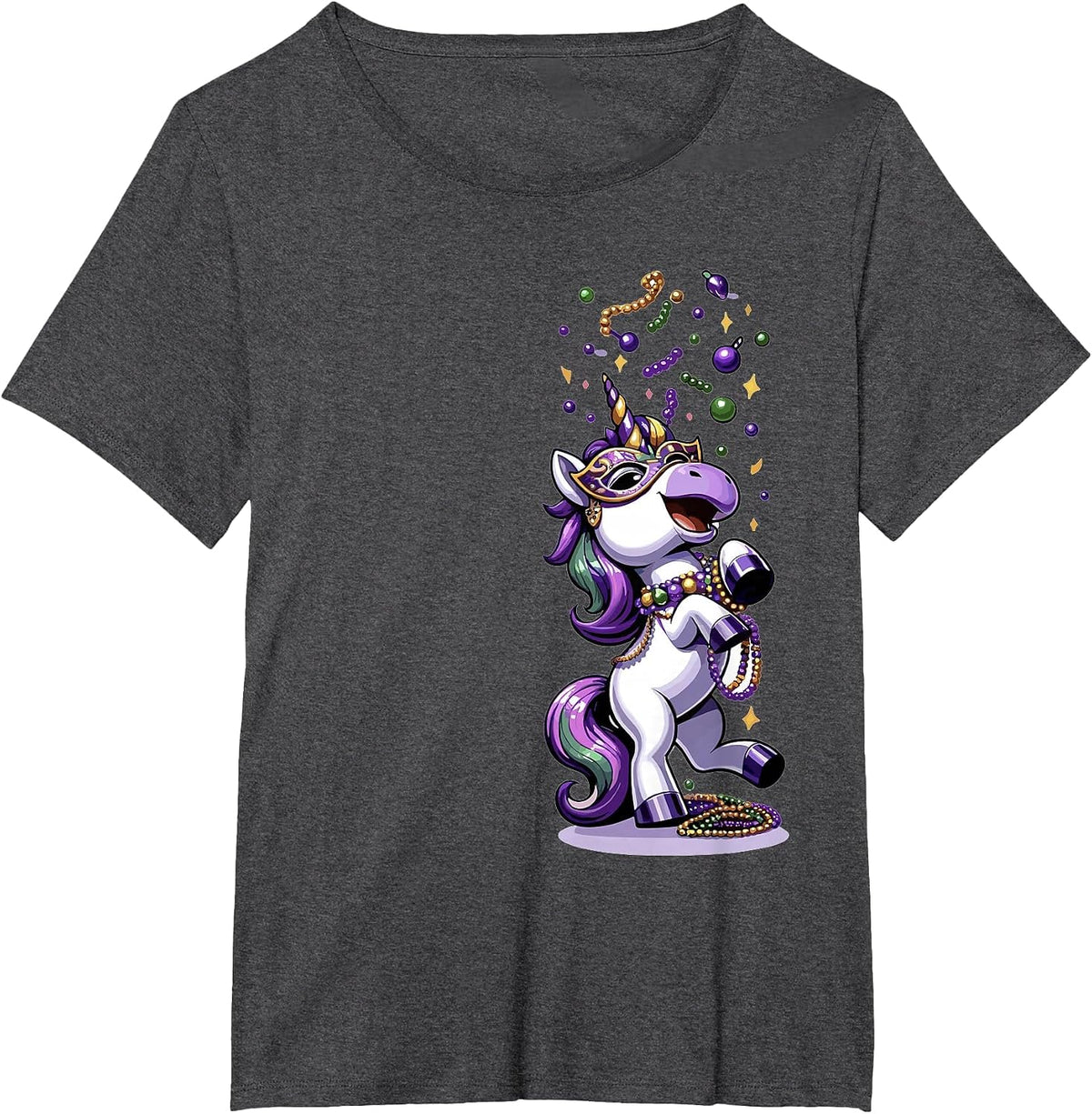 Festive Mardi Gras Unicorn T-Shirt - Dark Heather Grey