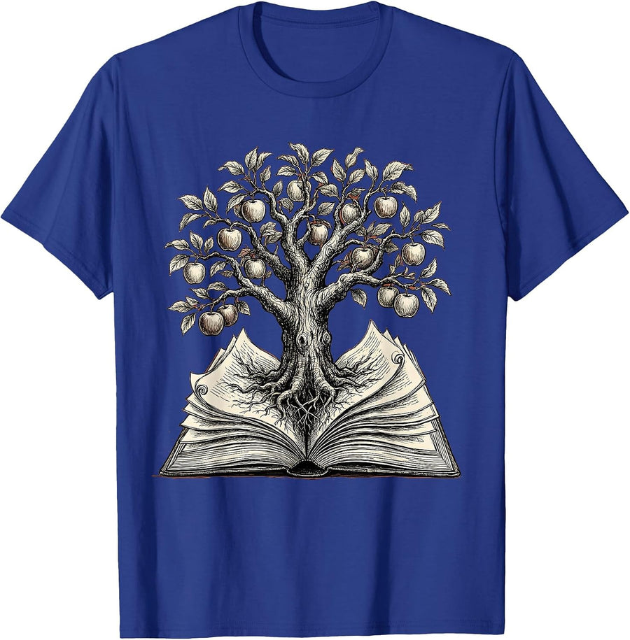 Apple Tree Textbook Teacher Graphic T-Shirt - Royal Blue