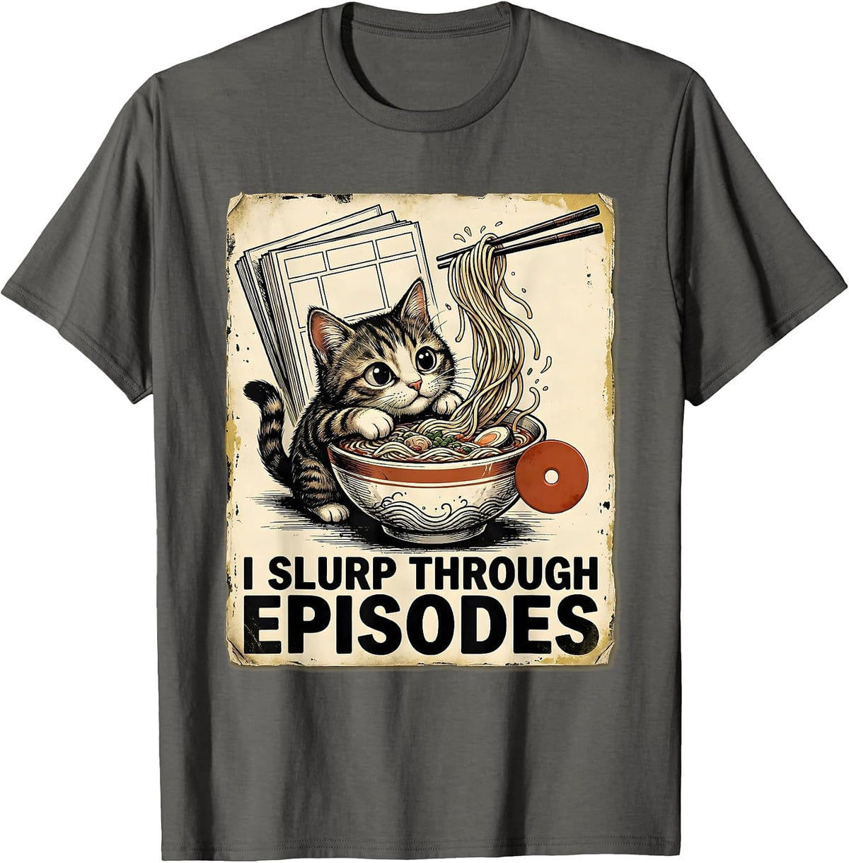 Men's I Slurp Through Episodes Distressed Kawaii Anime Cat Ramen T-Shirt - Asphalt Grey