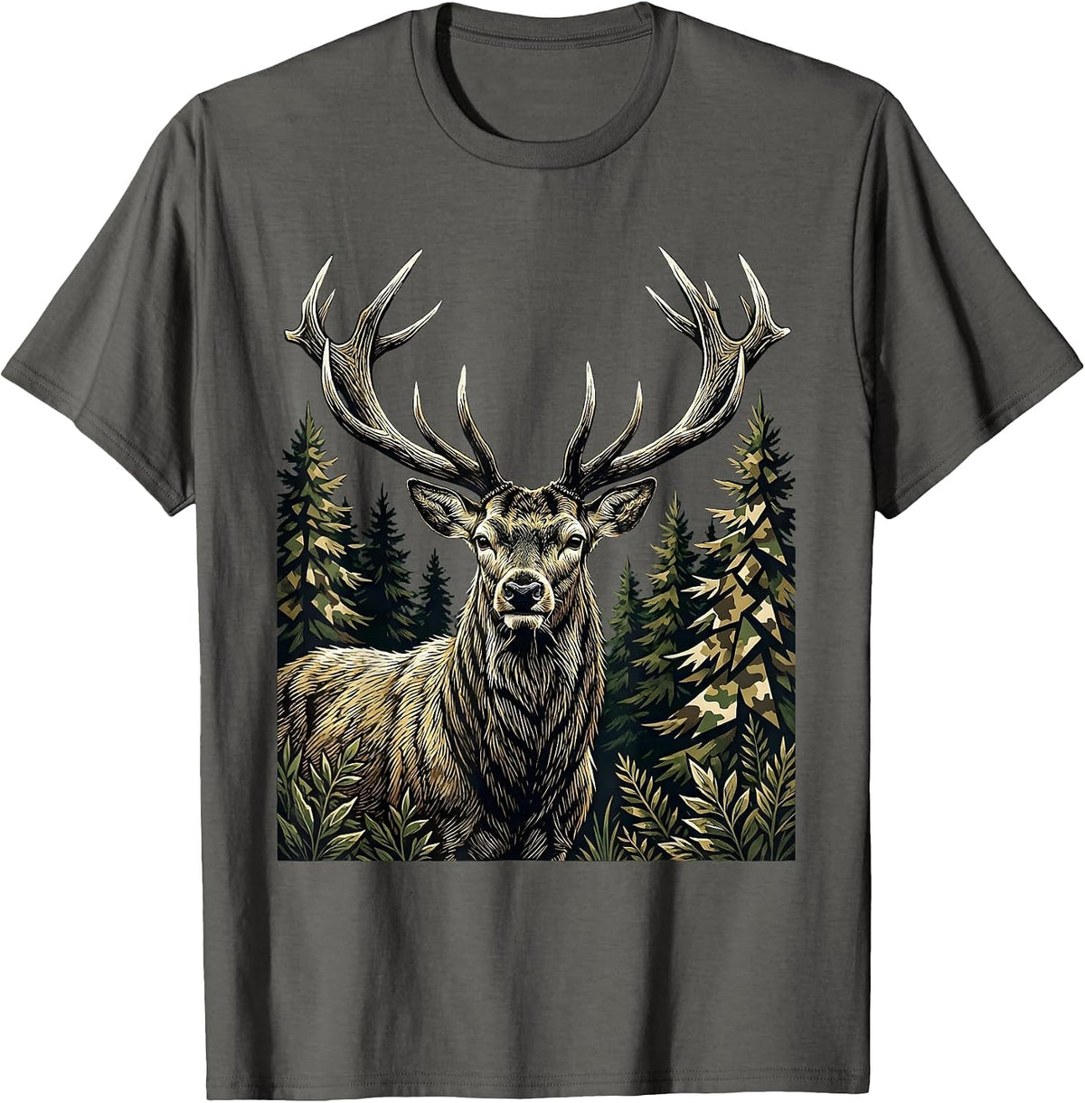 Deer Buck Camo Forest Hunting Graphic Design T-Shirt - Asphalt Grey