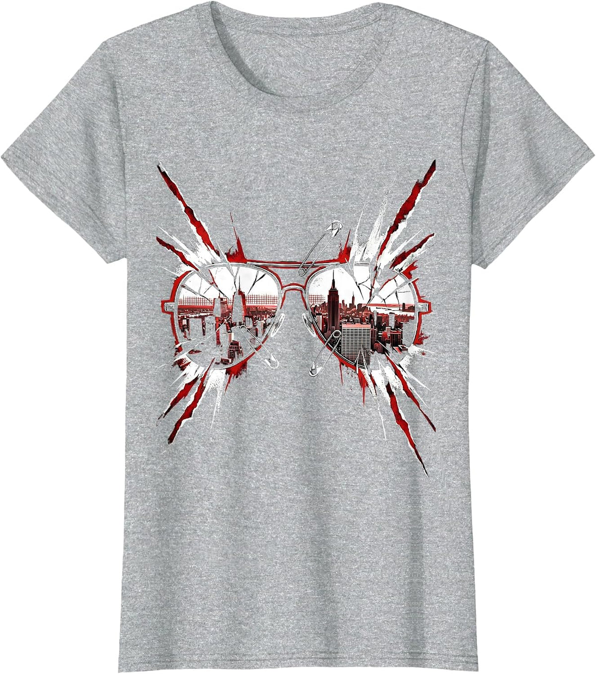 Women's Retro Synthwave Cityscape Reflective Sunglasses T-Shirt - Heather Grey