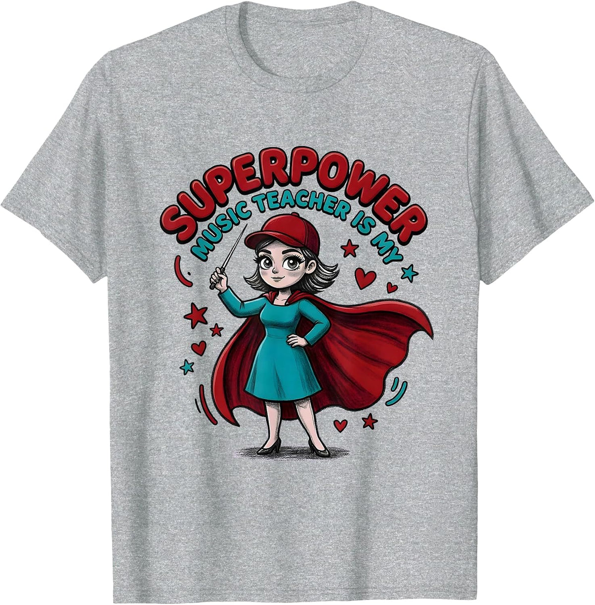 Men's MUSIC TEACHER IS MY SUPERPOWER Cartoon Music Teacher Gift T-Shirt - Heather Grey
