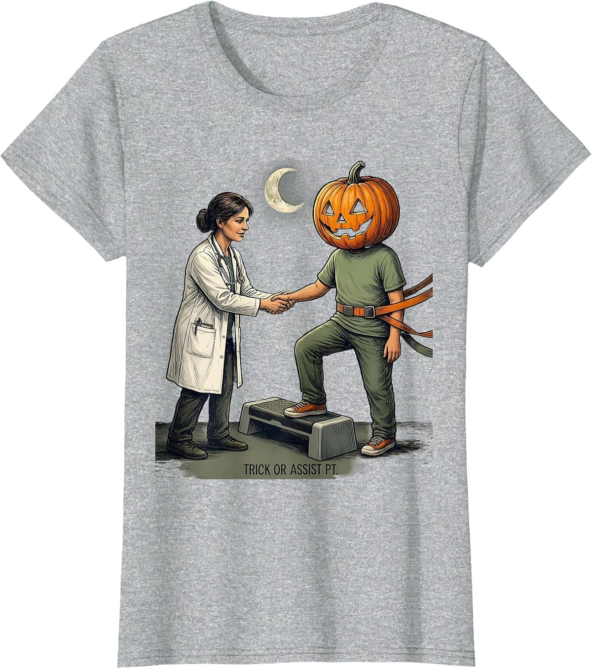 Trick Or Assist PT Funny Physical Therapist Halloween T-Shirt - Heather Grey