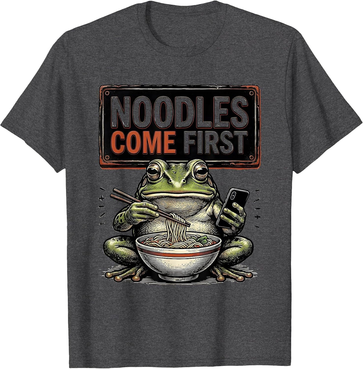 Noodles Come First Funny Grumpy Frog Japanese Art Ramen T-Shirt - Dark Heather Grey