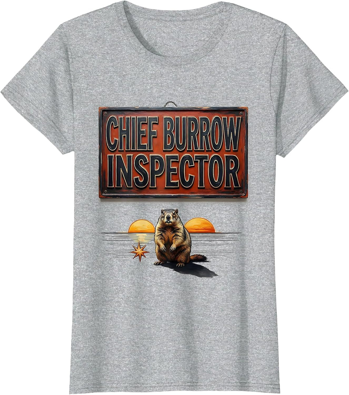Women's Chief Burrow Inspector Funny Groundhog Day Vintage Badge T-Shirt - Heather Grey