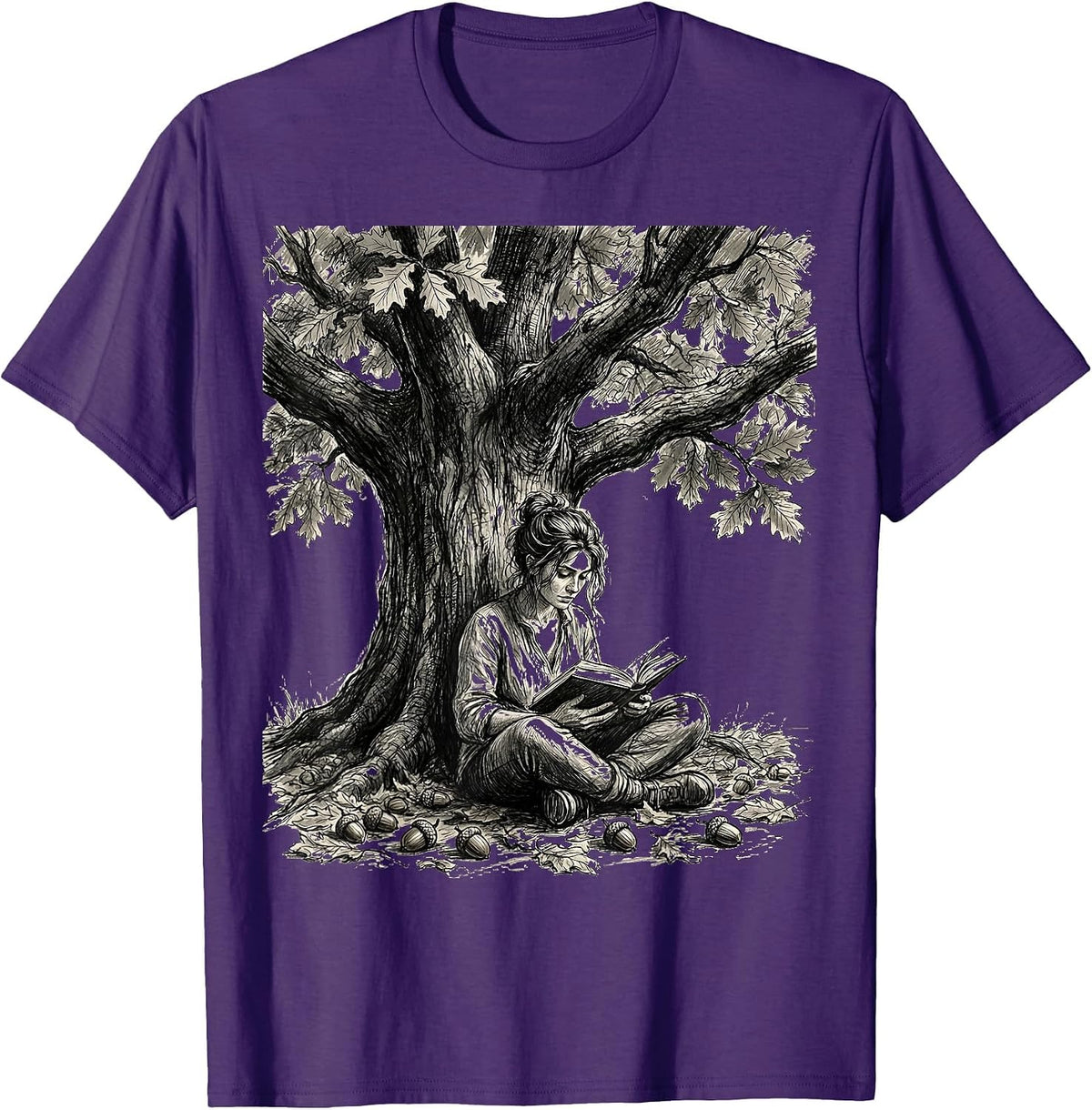 Reading Under the Oak Tree Book Lover Design T-Shirt - Purple