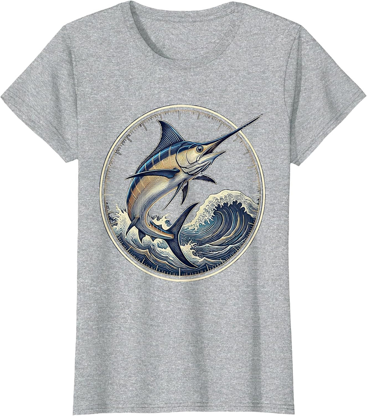 Gulf of Mexico Jumping Marlin Wave Illustration T-Shirt - Heather Grey