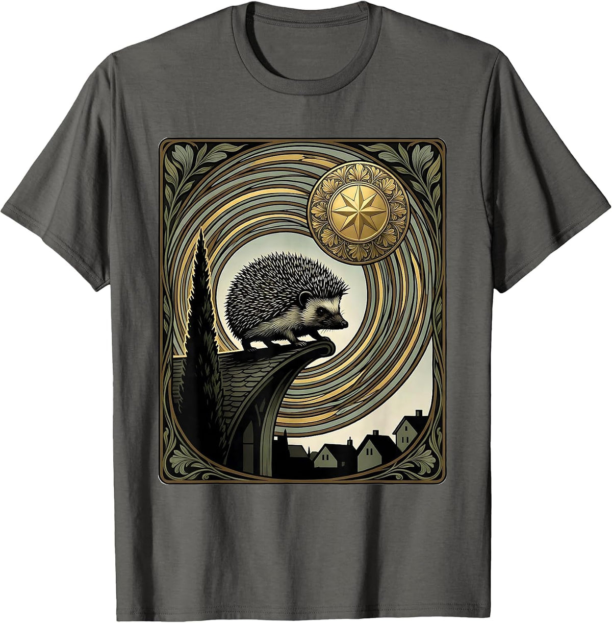 Hedgehog Starry Night Art Nouveau Animal Lover Parody T-Shirt - Asphalt Grey