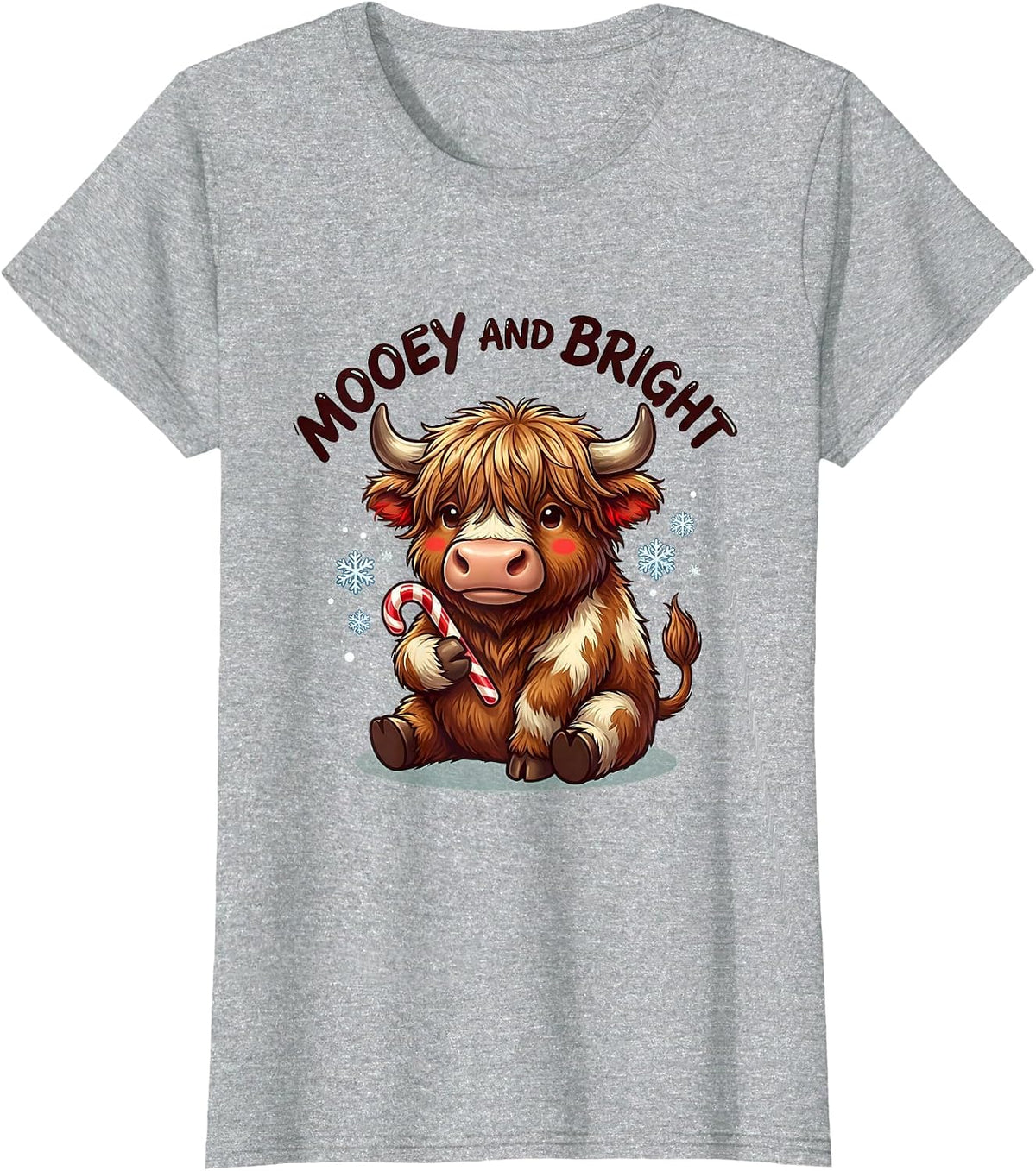 Mooey And Bright Cute Highland Cow Christmas Xmas Lights T-Shirt - Heather Grey