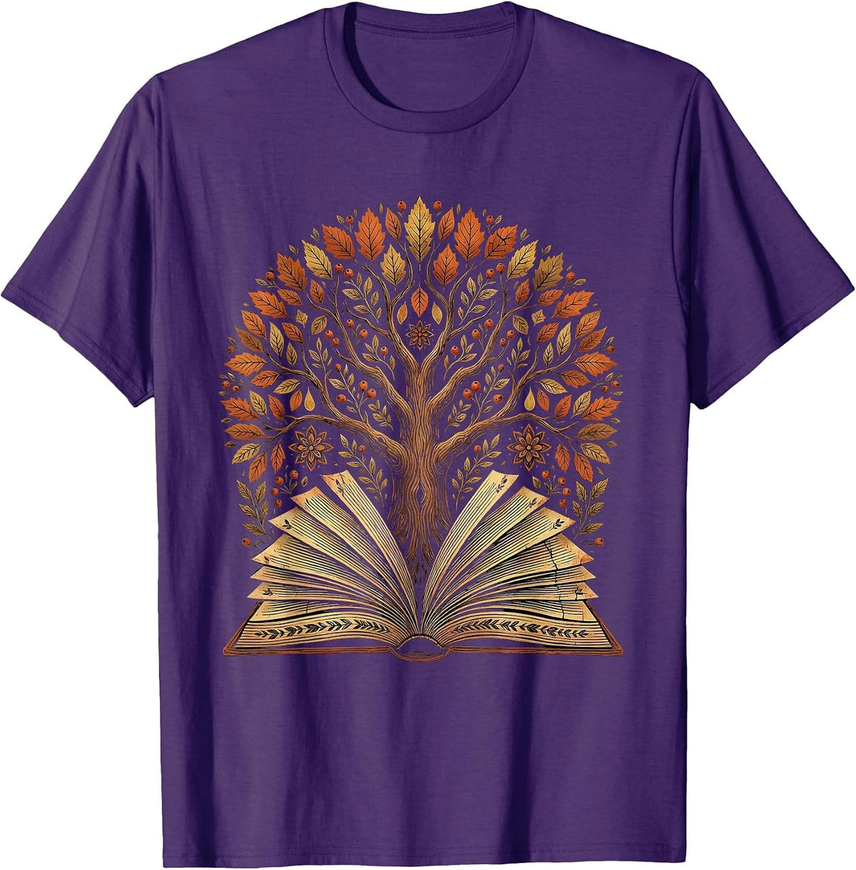 Fall Teacher Open Book Tree Growing Illustration T-Shirt - Purple