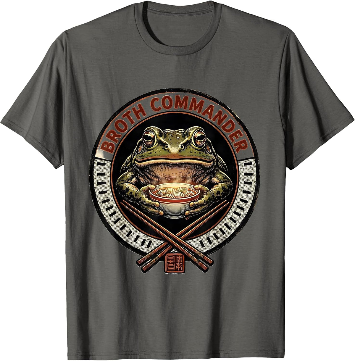 Men's Broth Commander Grumpy Frog Ukiyo-e Ramen Humor Anime Art T-Shirt - Asphalt Grey