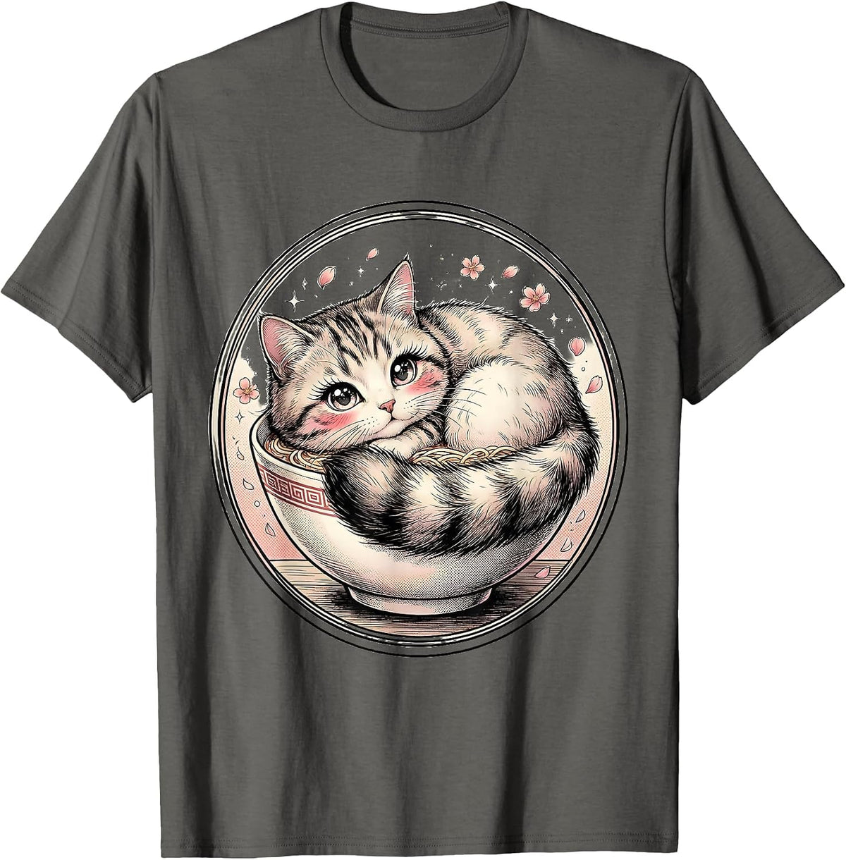 Men's Kawaii Ramen Bowl Cat Cute Cozy Illustration T-Shirt - Asphalt Grey