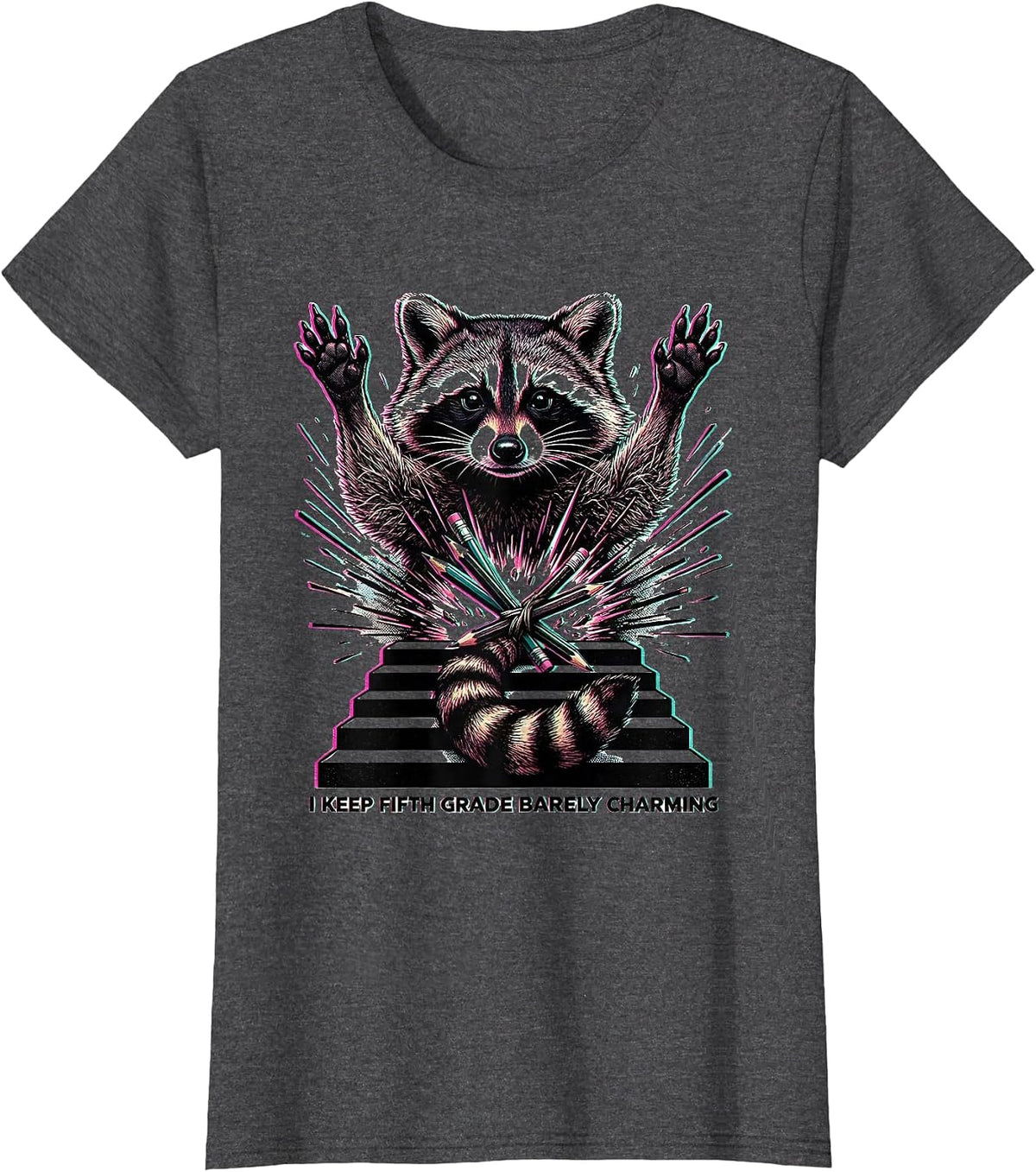 Women's I Keep Fifth Grade Barely Charming Funny Teacher Raccoon T-Shirt - Dark Heather Grey