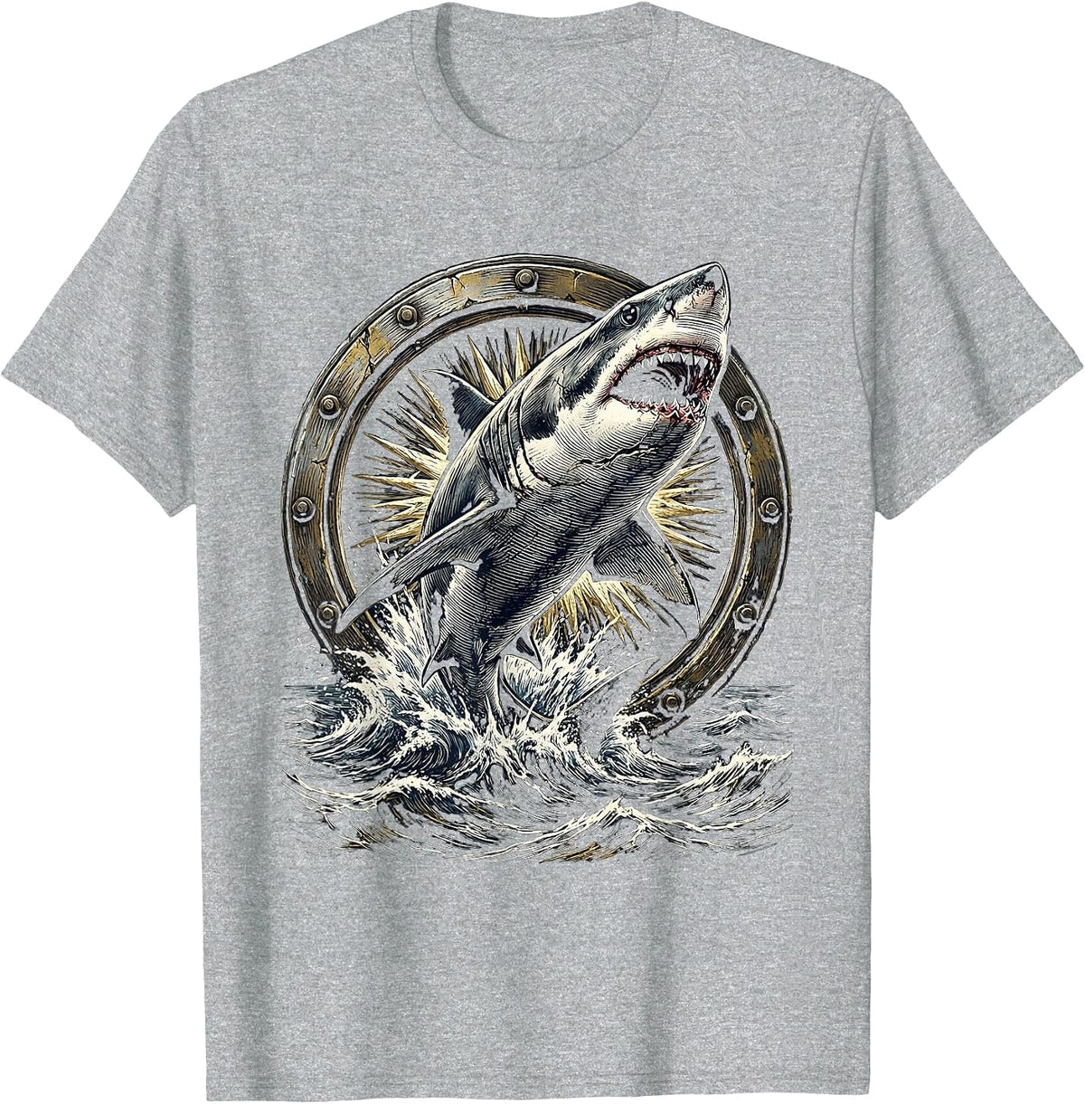 Men's Shark Leaping Through Ship Porthole Pirate T-Shirt - Heather Grey