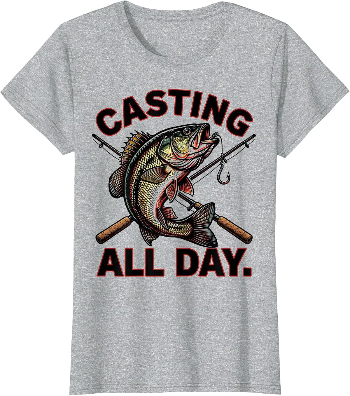 Casting All Day Long Sleeve Fishing Design for Men T-Shirt - Heather Grey