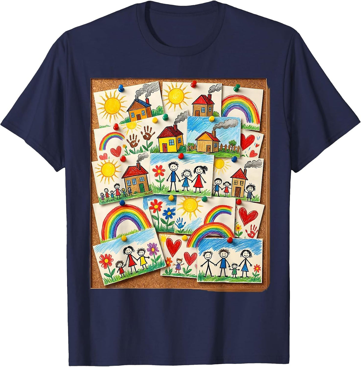 Preschool Teacher Bulletin Board Kids Drawings T-Shirt - Navy Blue