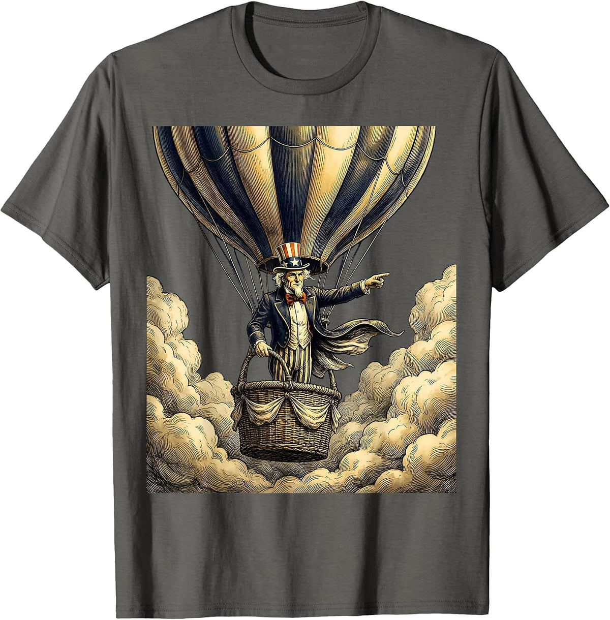 Red White and Blue Hot Air Balloon Cloud Design T-Shirt - Asphalt Grey