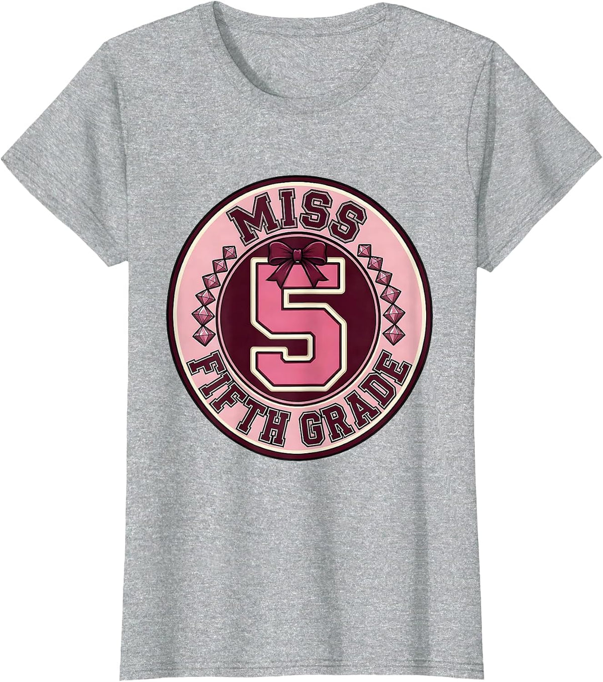 Women's Miss Fifth Grade Sparkle Varsity Coquette Bow Back To School T-Shirt - Heather Grey