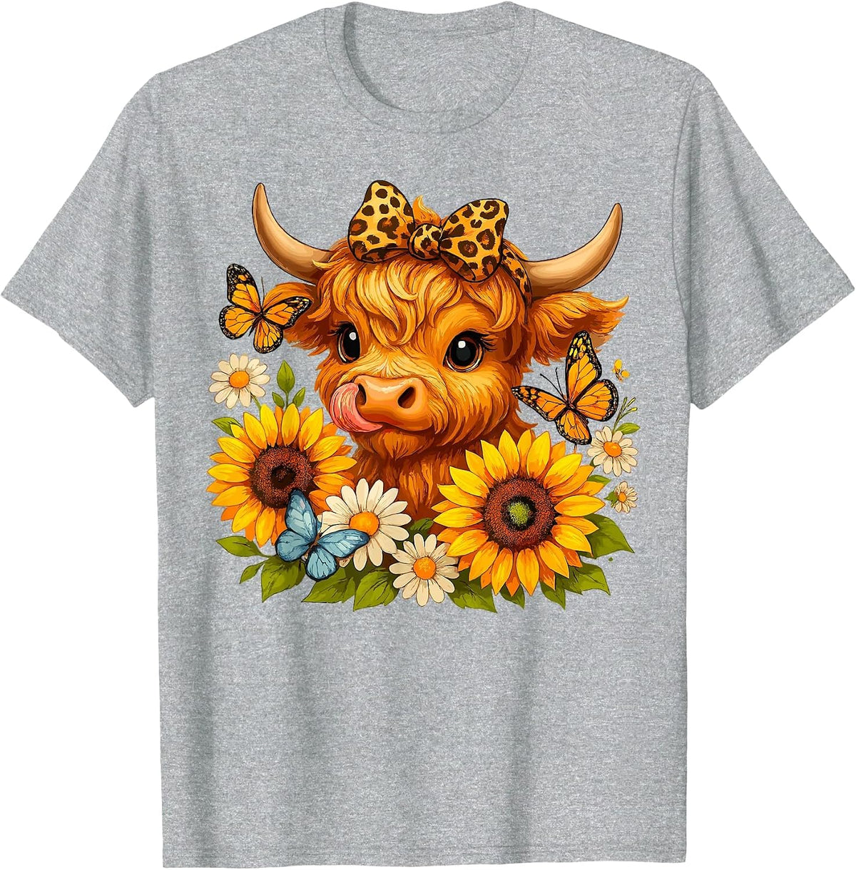 Sunflower Highland Cow Scottish Cattle T-Shirt - Heather Grey