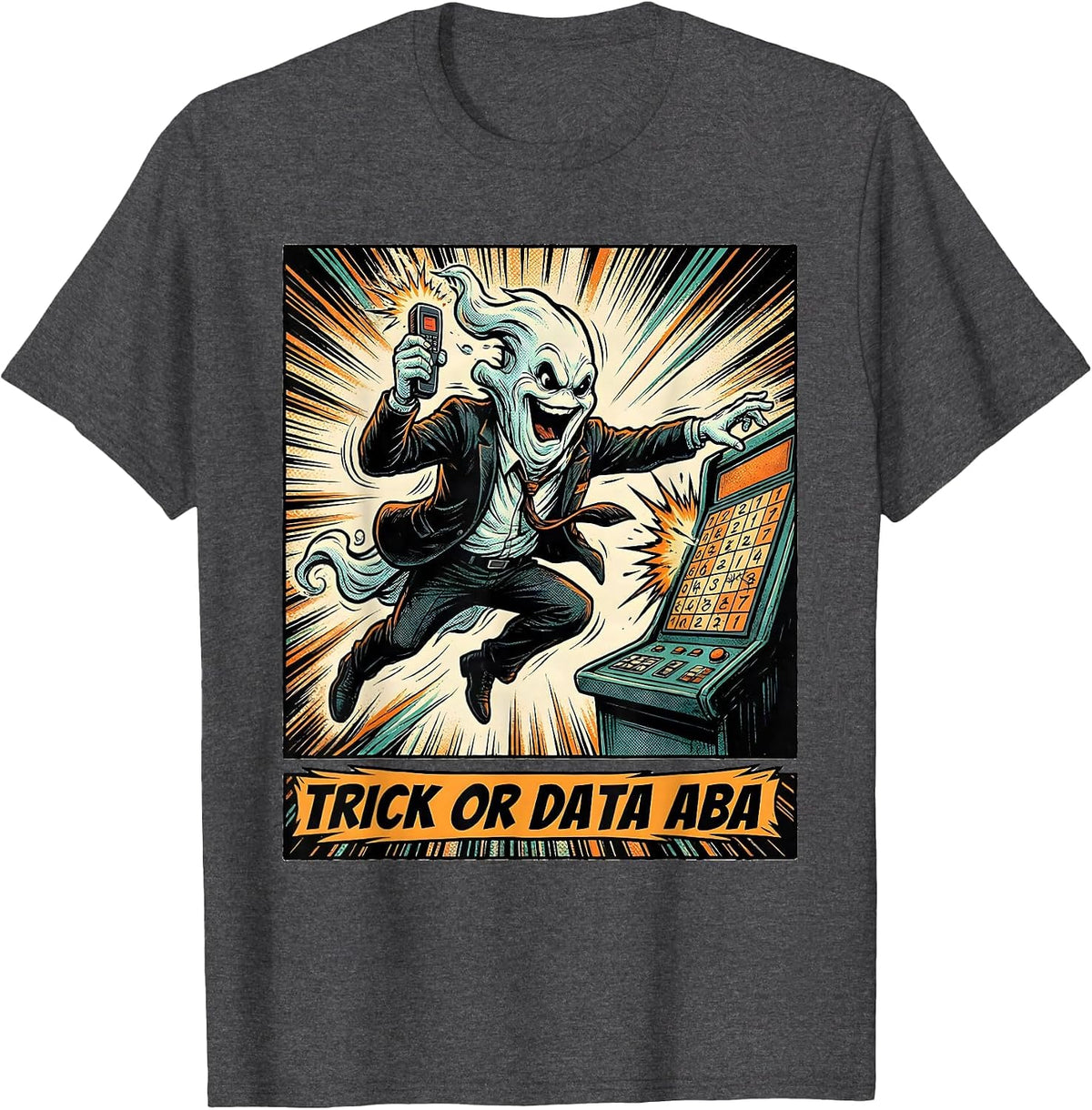 Trick Or Data ABA Comic Book Ghost Physical Therapy T-Shirt - Dark Heather Grey