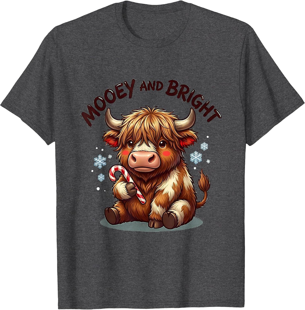 Mooey And Bright Cute Highland Cow Christmas Xmas Lights T-Shirt - Dark Heather Grey