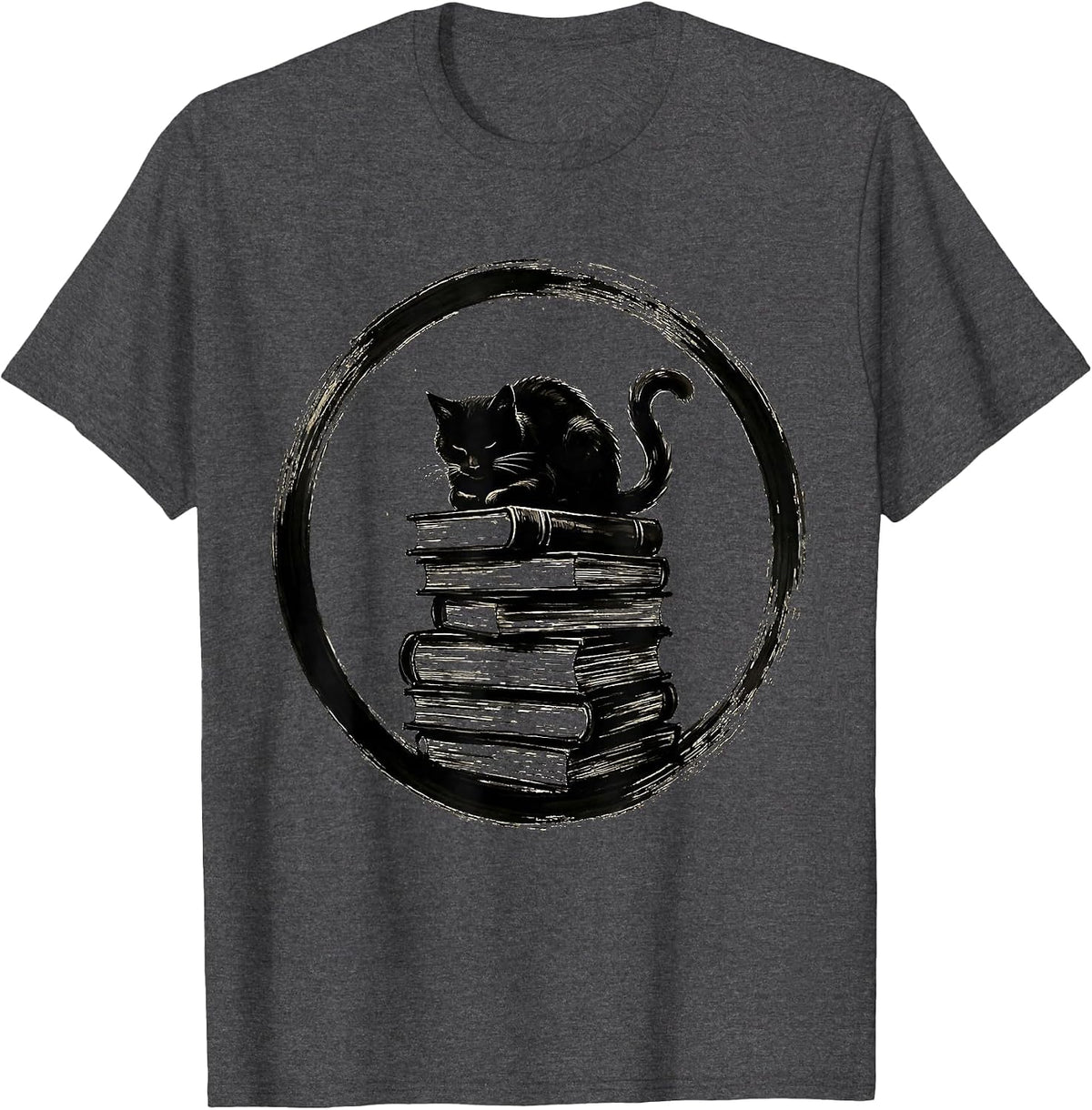 Men's Cat on a Stack of Books Illustration T-Shirt - Dark Heather Grey