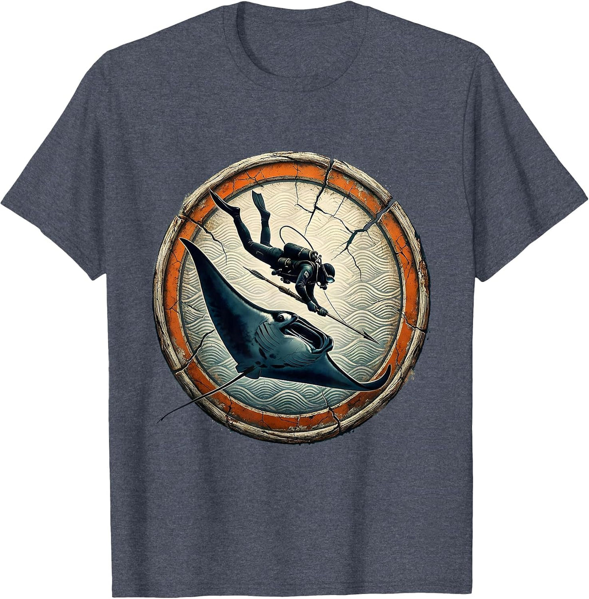 Spearfisher and Manta Ray Underwater Art T-Shirt - Heather Blue
