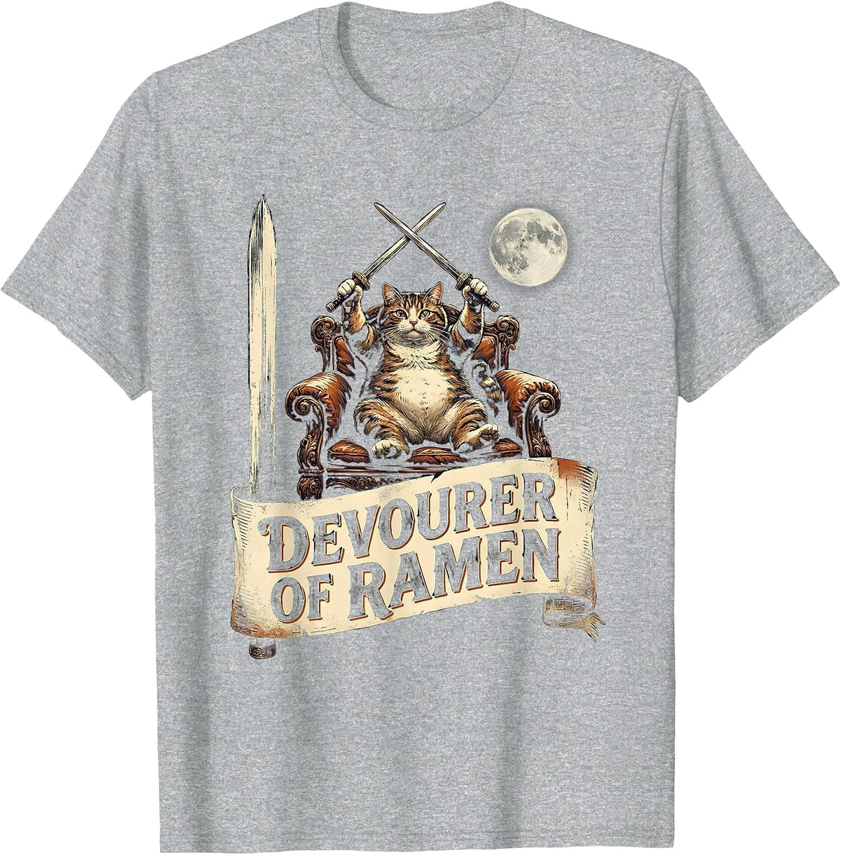 Men's Devourer of Ramen Vintage Chubby Cat Anime Funny Graphic T-Shirt - Heather Grey