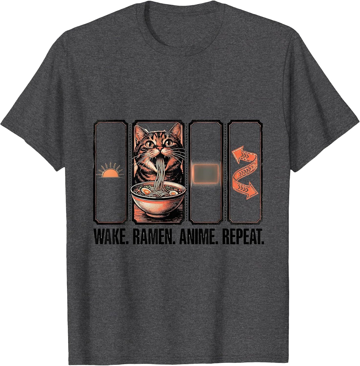 Men's Wake. Ramen. Anime. Repeat. Funny Kawaii Cat Anime Gift T-Shirt - Dark Heather Grey