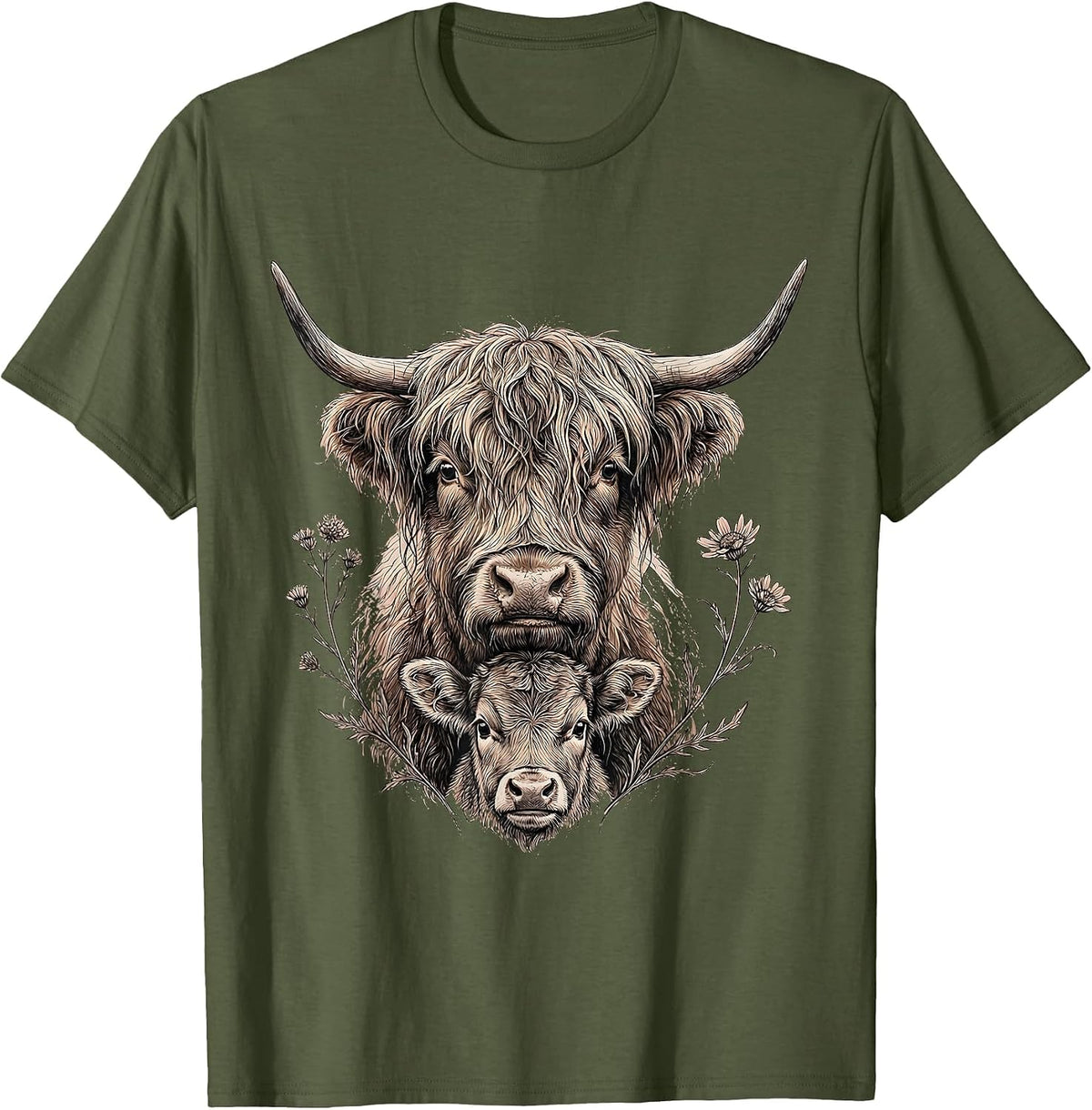 Baby Highland Cow Hiding Behind Mother Graphic T-Shirt - Olive Green