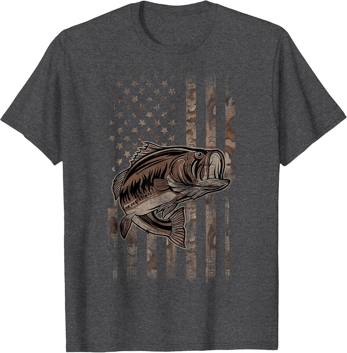 Camo American Flag Fishing Tees for Largemouth Bass Fisher T-Shirts - Dark Heather Grey