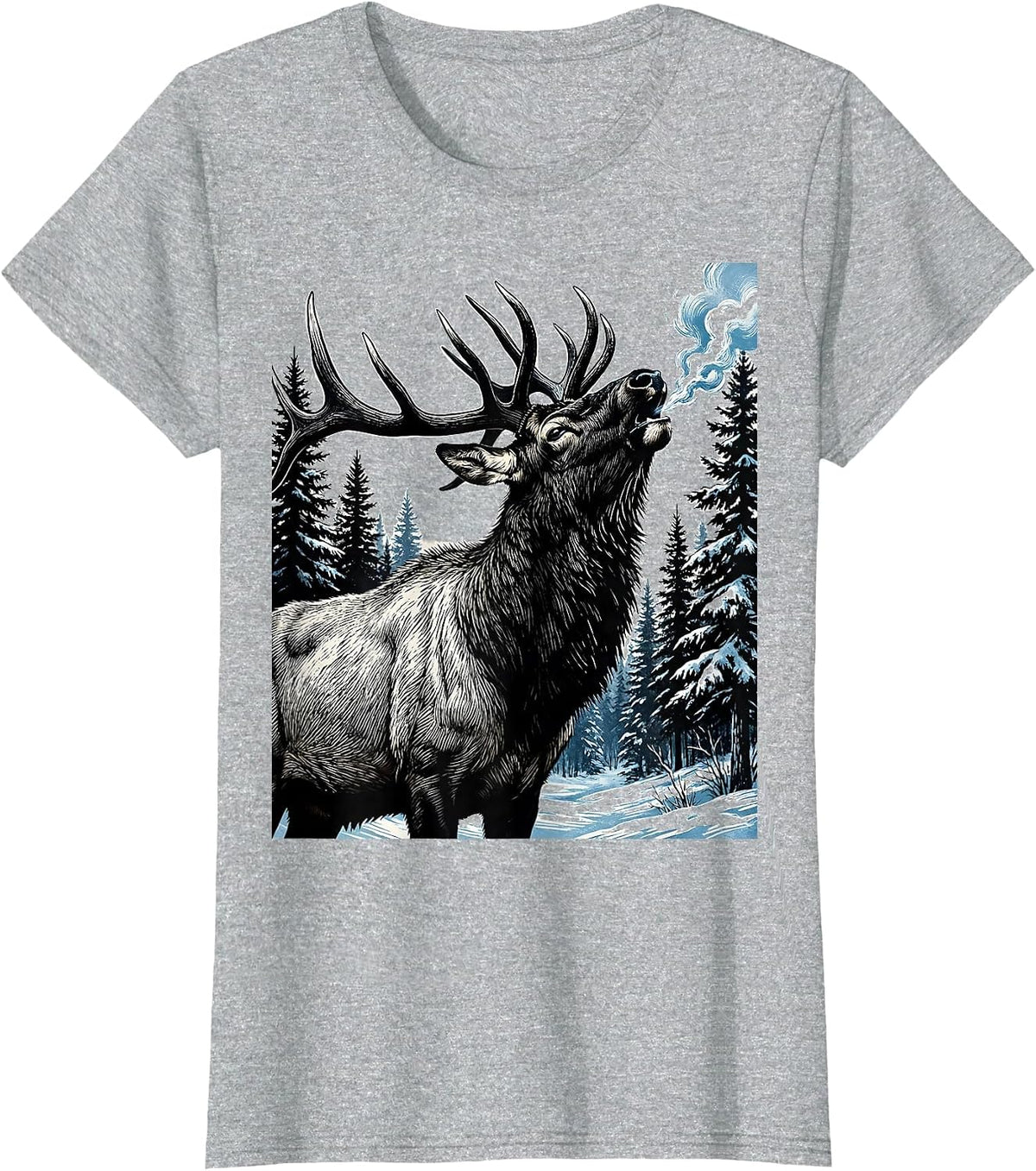Elk Bugling in Snowy Pine Forest Illustration T-Shirt - Heather Grey