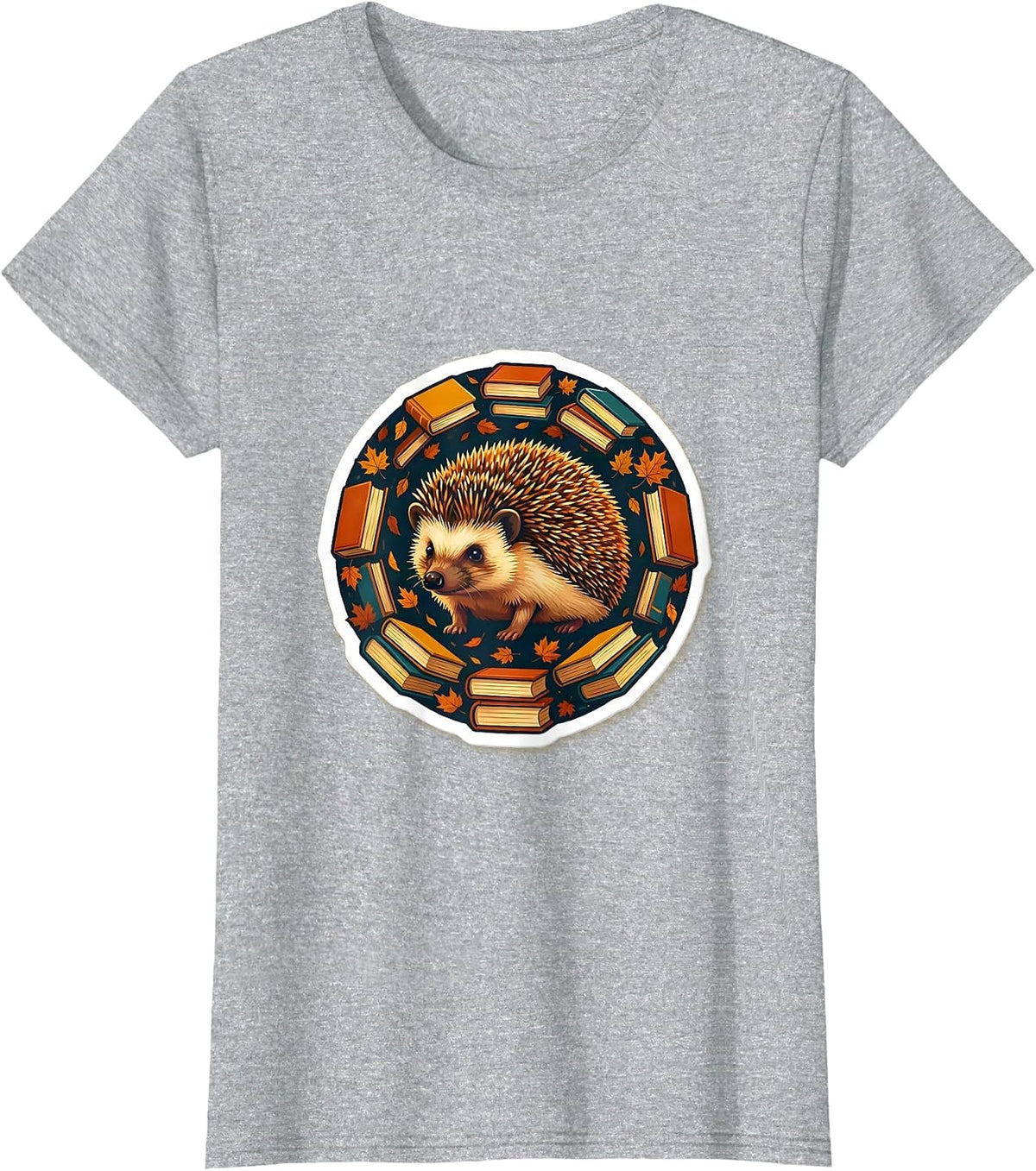 Women's Fall Teacher Hedgehog with Stacked Books Design T-Shirt - Heather Grey
