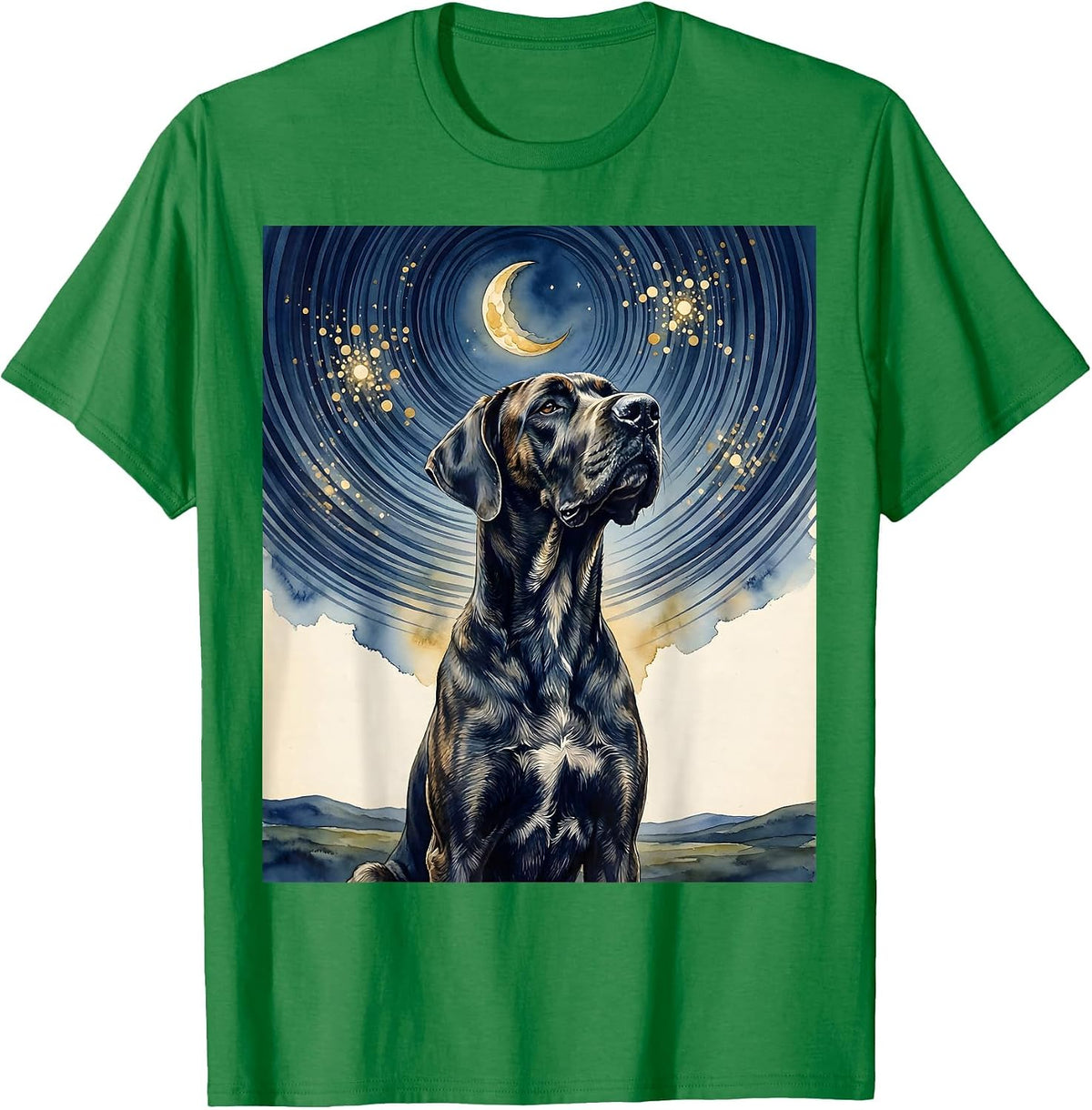 Men's Great Dane Van Gogh Style Starry Night Portrait T-Shirt - Kelly Green
