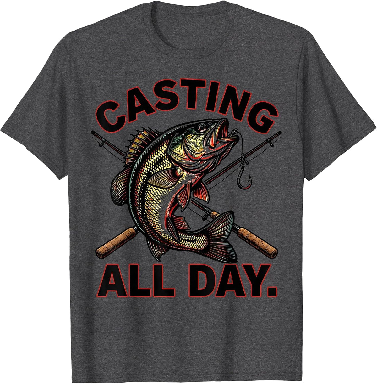 Casting All Day Long Sleeve Fishing Design for Men T-Shirt - Dark Heather Grey