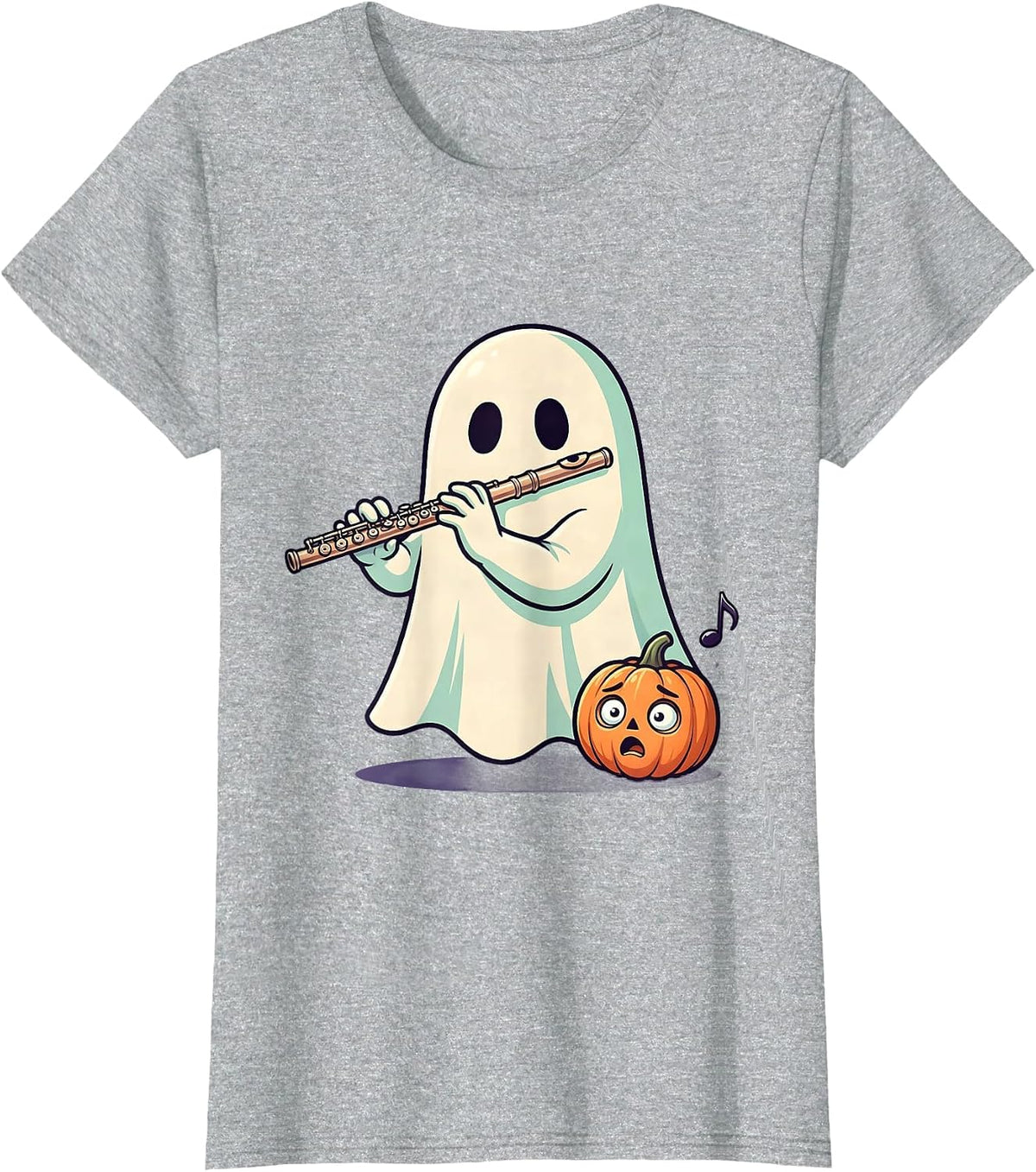 Women's Broad Sheet Ghost Flute Player Cute Kawaii Music Teacher T-Shirt - Heather Grey