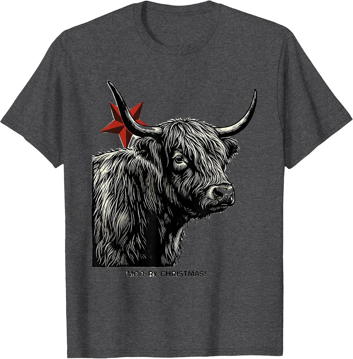 Men's Moo-ry Christmas! Linocut Highland Cow Seasonal Holiday T-Shirt - Dark Heather Grey