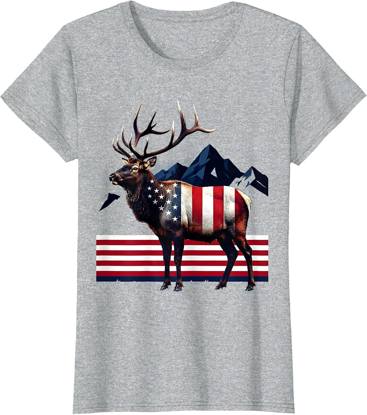 Women's Elk in Misty Mountain Meadow Wildlife Design T-Shirt - Heather Grey