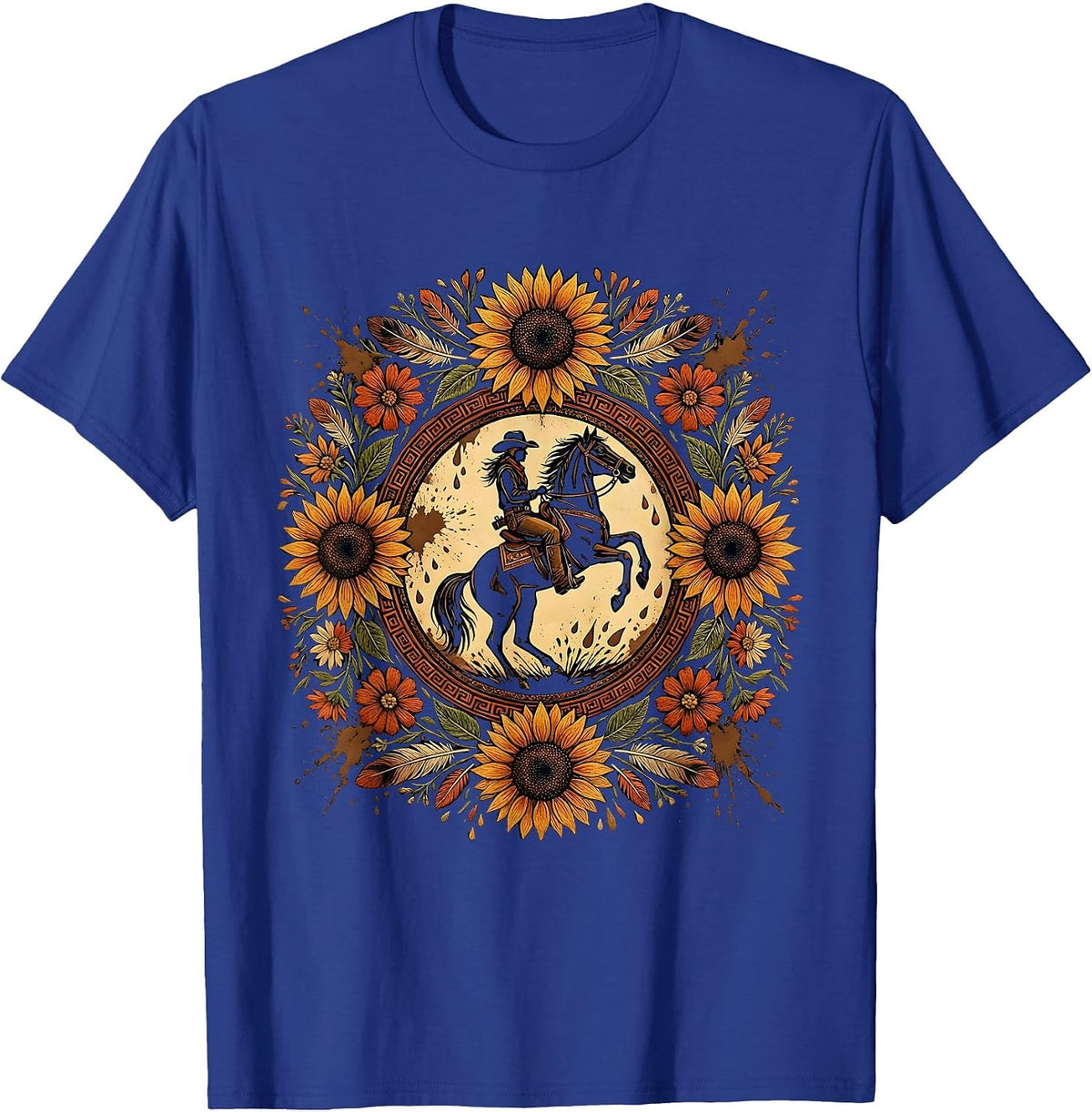 Cowgirl Full Gallop Muddy Rodeo Illustration T-Shirt - Royal Blue