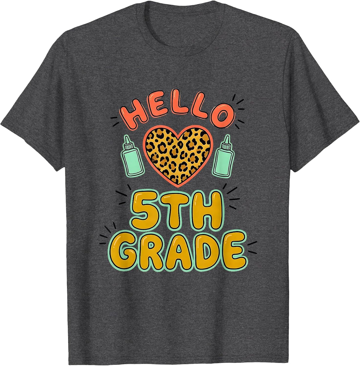 Men's Hello 5th Grade Casual Leopard Heart Back To School Girl T-Shirt - Dark Heather Grey