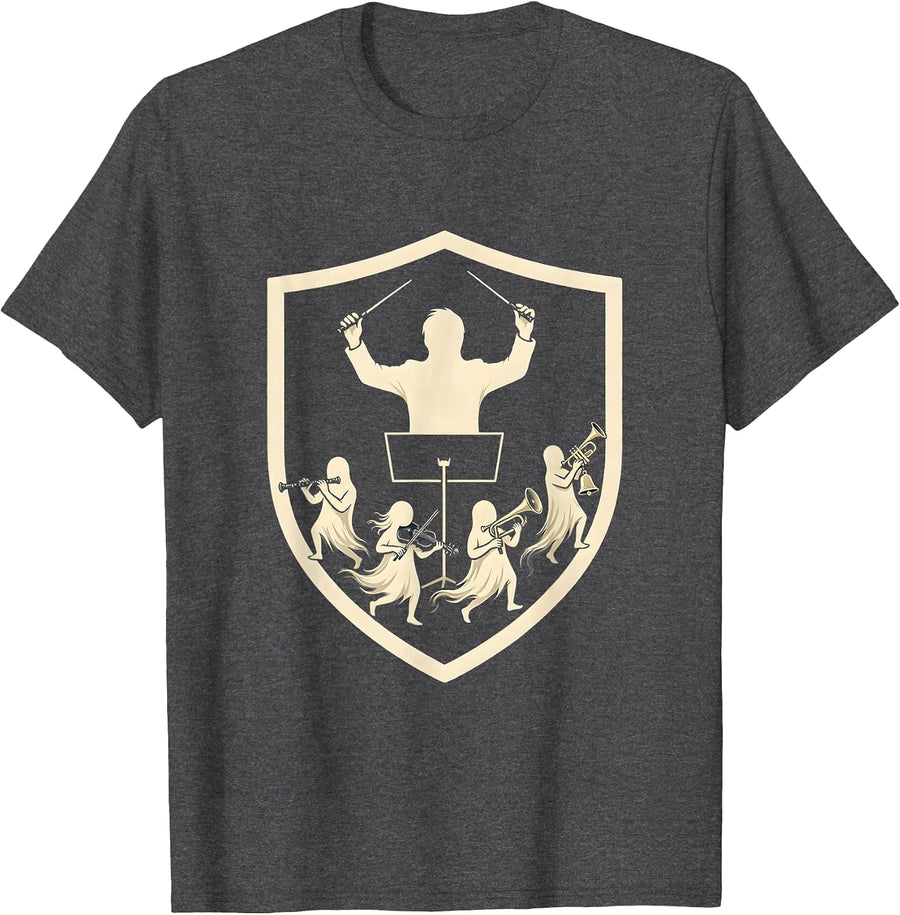 Men's Sealed Shield Ghost Band Music Teacher Halloween Humor T-Shirt - Dark Heather Grey