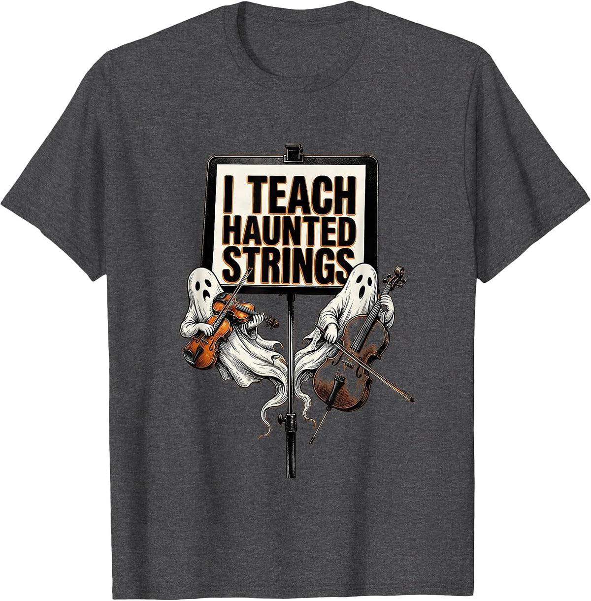 Men's I Teach Haunted Strings Funny Music Teacher Ghost Band T-Shirt - Dark Heather Grey
